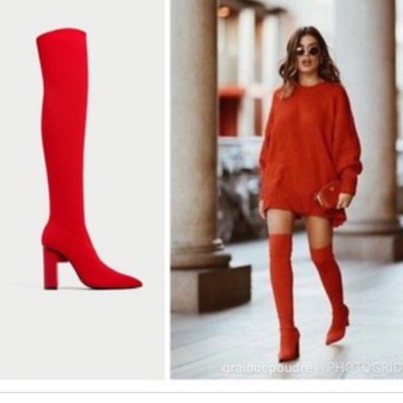 bright red thigh high boots